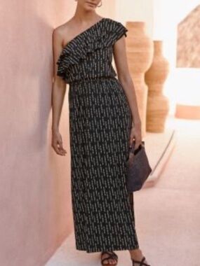 Garnet Hill One Shoulder Ruffle Maxi Dress in Black Print Size XS Pockets